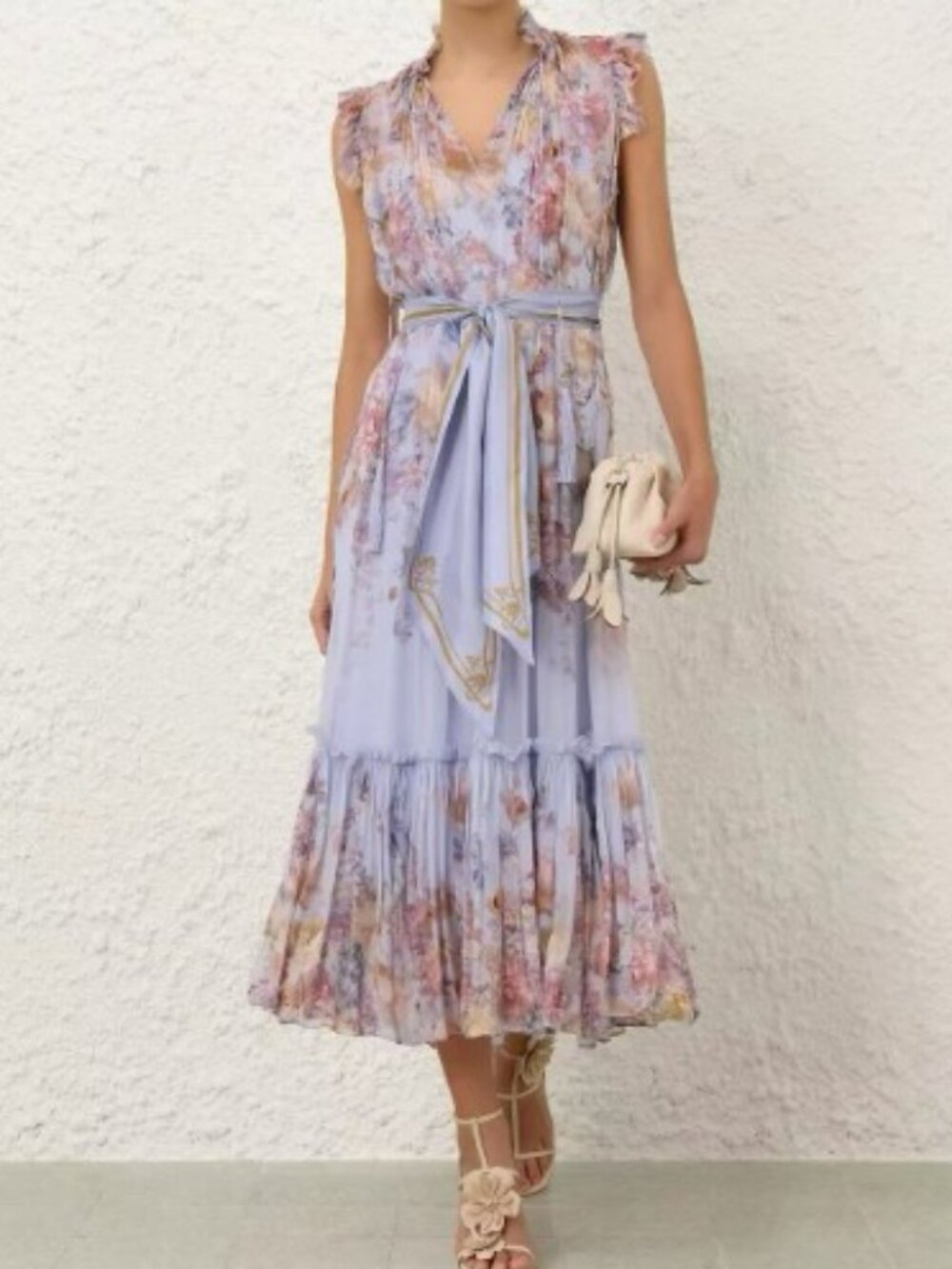 Camilla Floral Tie-Waist Midi Dress in Light Blue